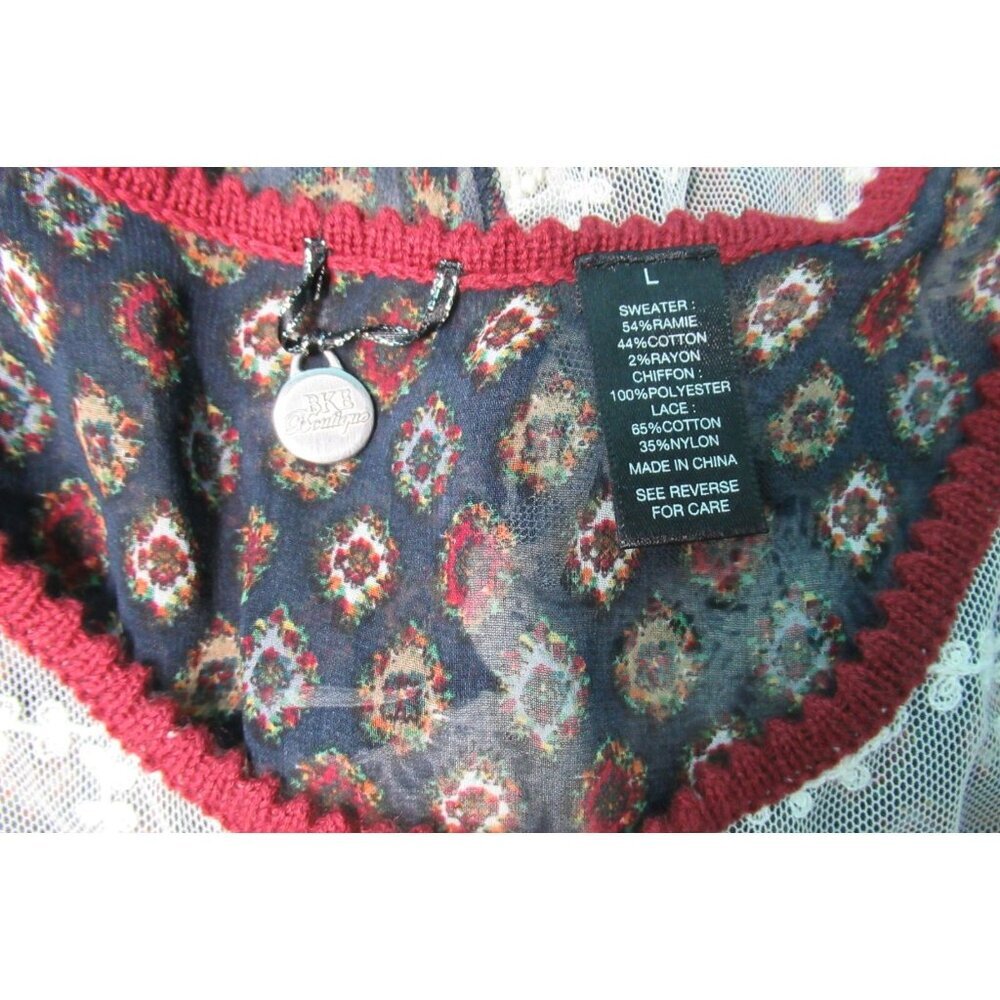 BKE Boutique Ivory Navy Burgundy Crochet Women’s Sleeveless Sweater Sz Large - Picture 3 of 6